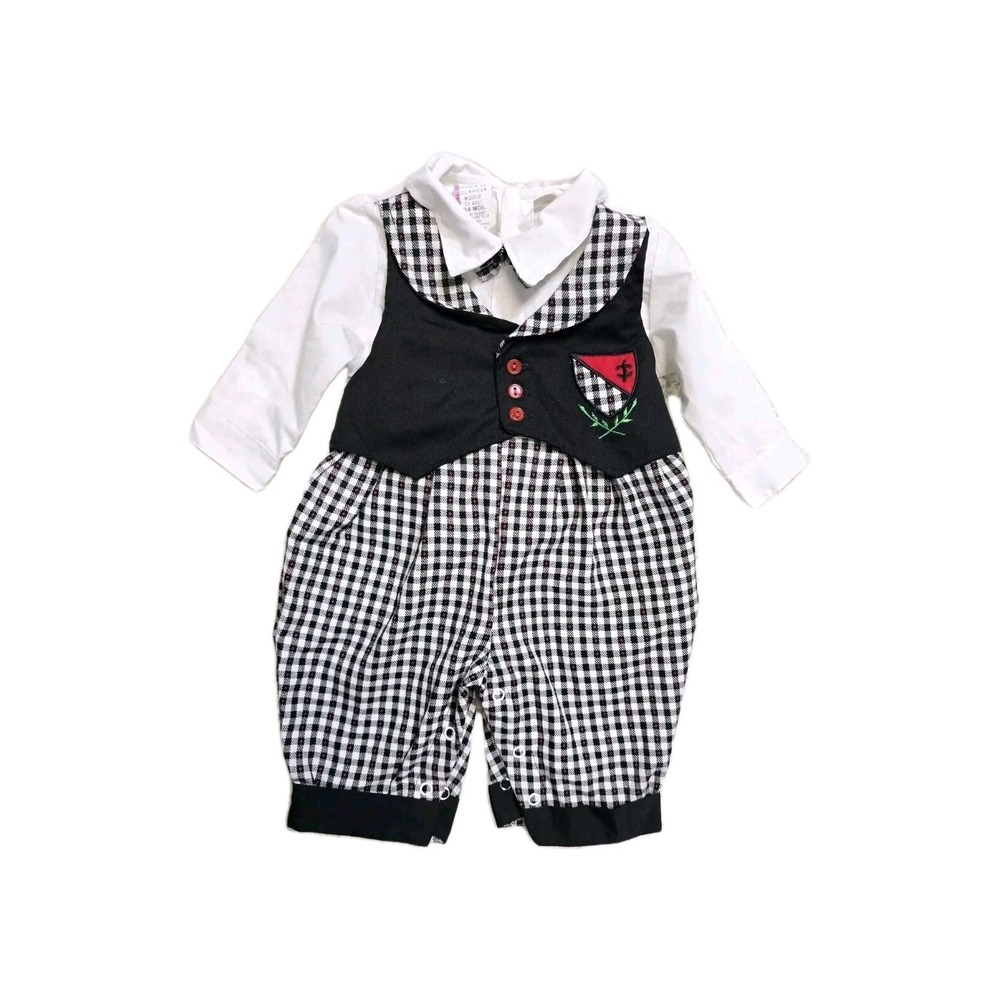 Vintage Boys Taxedo Romper 0-6 Months White Black